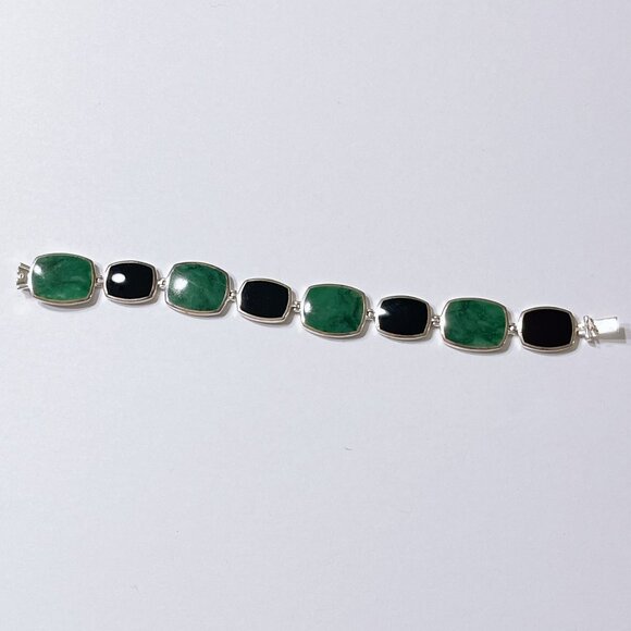 Sterling Silver Green & Black Stone Link Bracelet - Picture 9 of 9